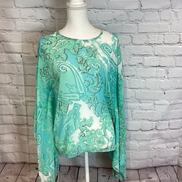 BOSTON PROPER SCROLLING PAISLEY PONCHO COVER UP BLOUSE SZ XXS NWT - Picture 1 of 7